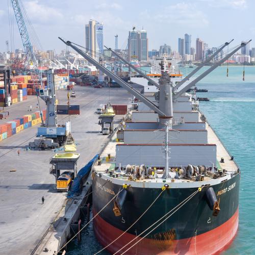 Dar es Salaam port and cityscape with bulk carrier vessel, Global Agrichain headquarters location Tanzania